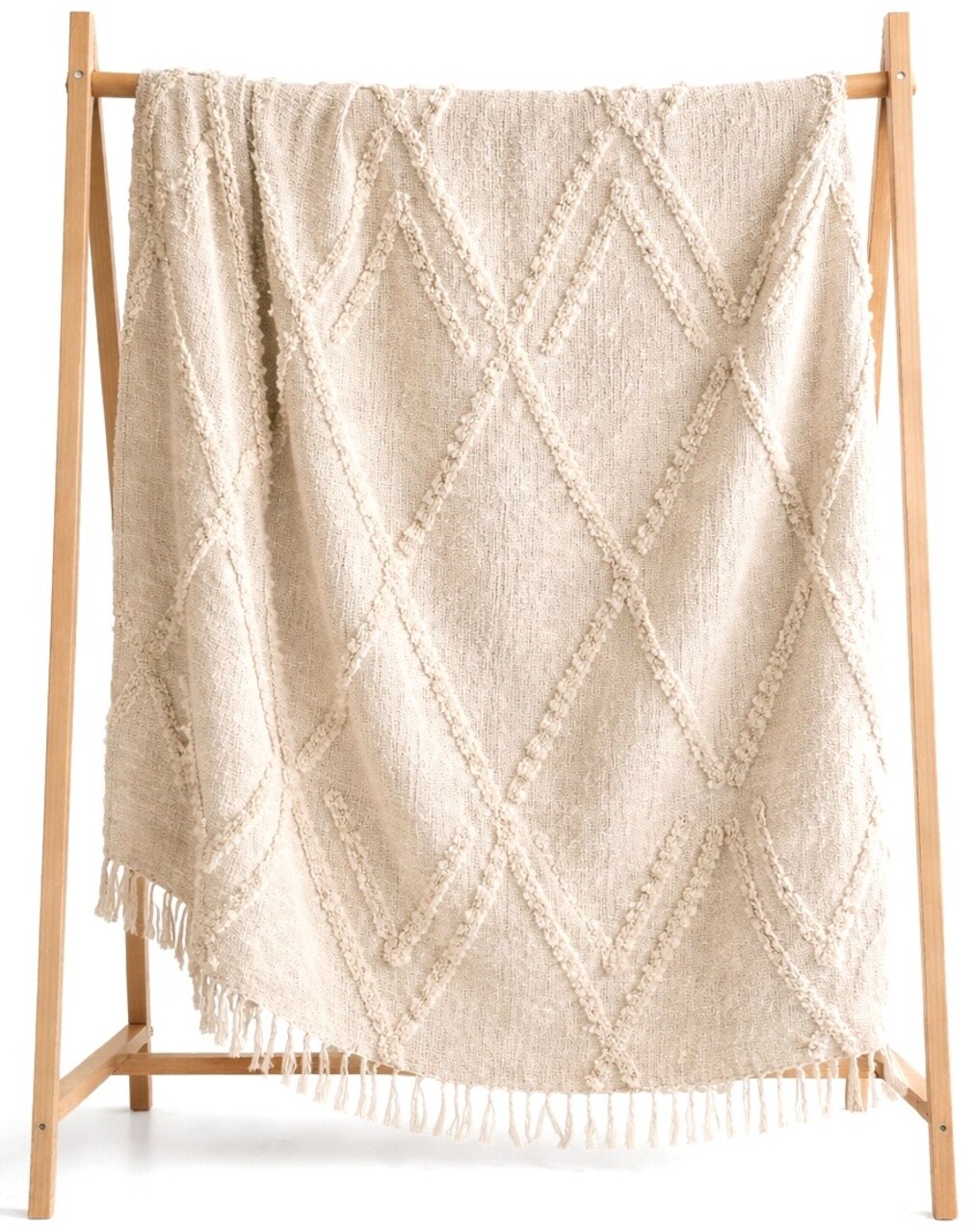 Handcrafted Bohemian Beige Tufted Throw Blanket with Tassels – Cozy & Chic